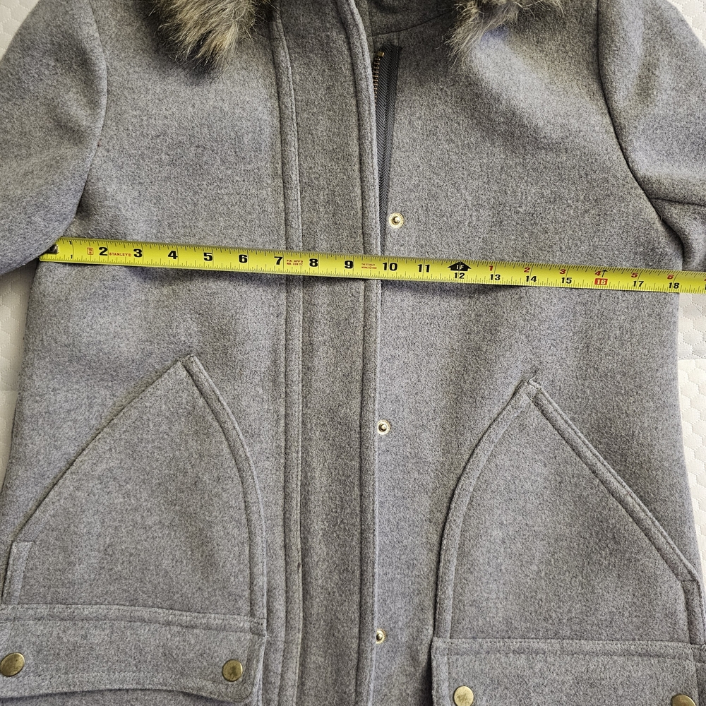 J.CREW Gray Hooded Coat with Faux Fur Trim - Size 2 - Picture 5 of 12